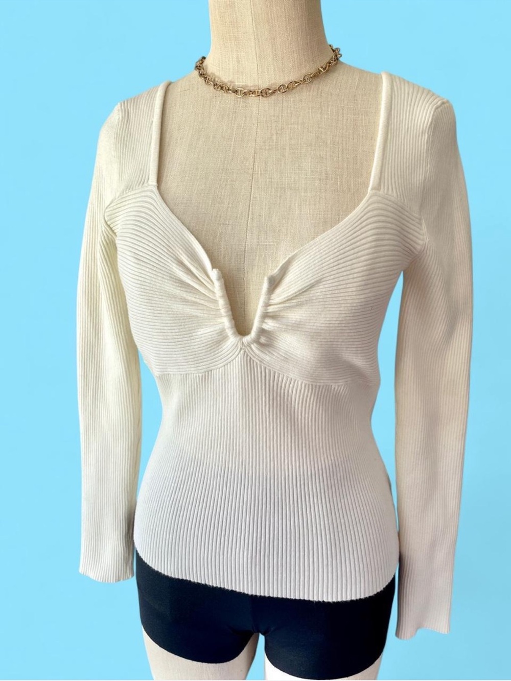 Lucy Paris Cream Ribbed Long Sleeve V-Neck Top